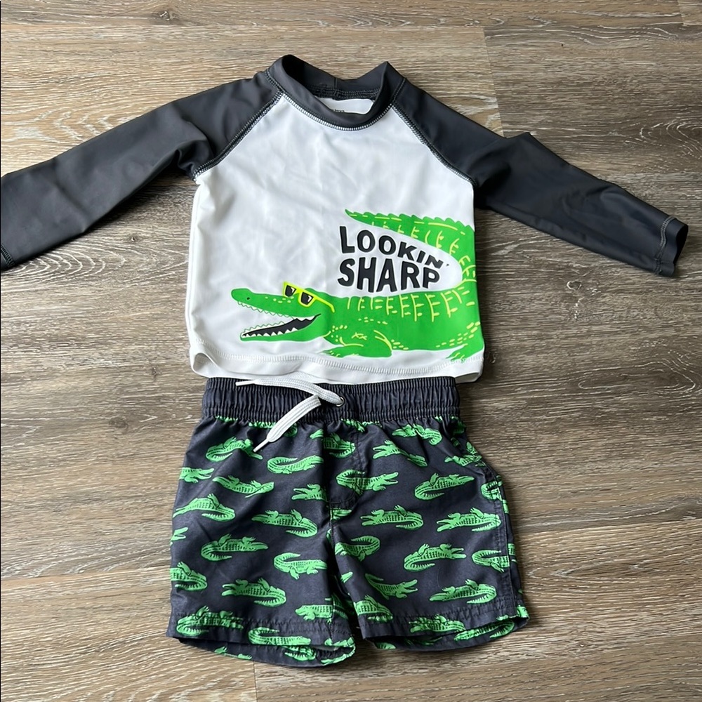 Simple Joys Carters 18 months Swim Set with Alligator Print - Gray and Green